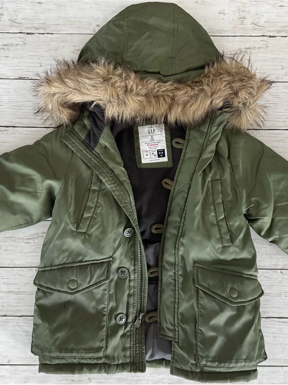 GAP Kids Olive Green Hooded Winter Coat with Faux Fur Trim